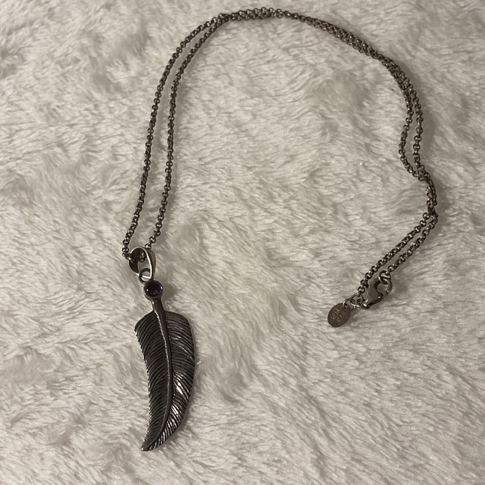 Elegant Silver Feather Necklace with Purple Detail